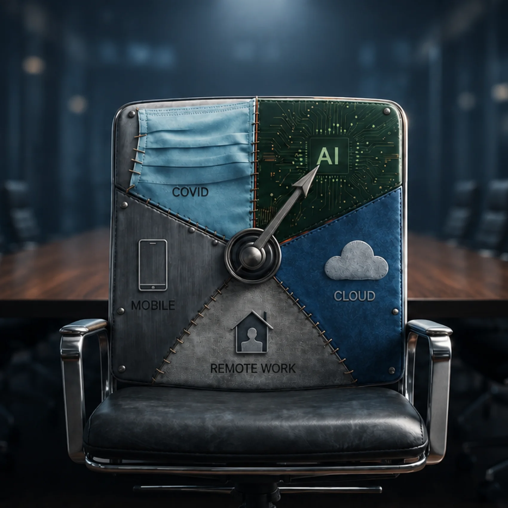 Illustration of a worn out chair in a corporate boardroom