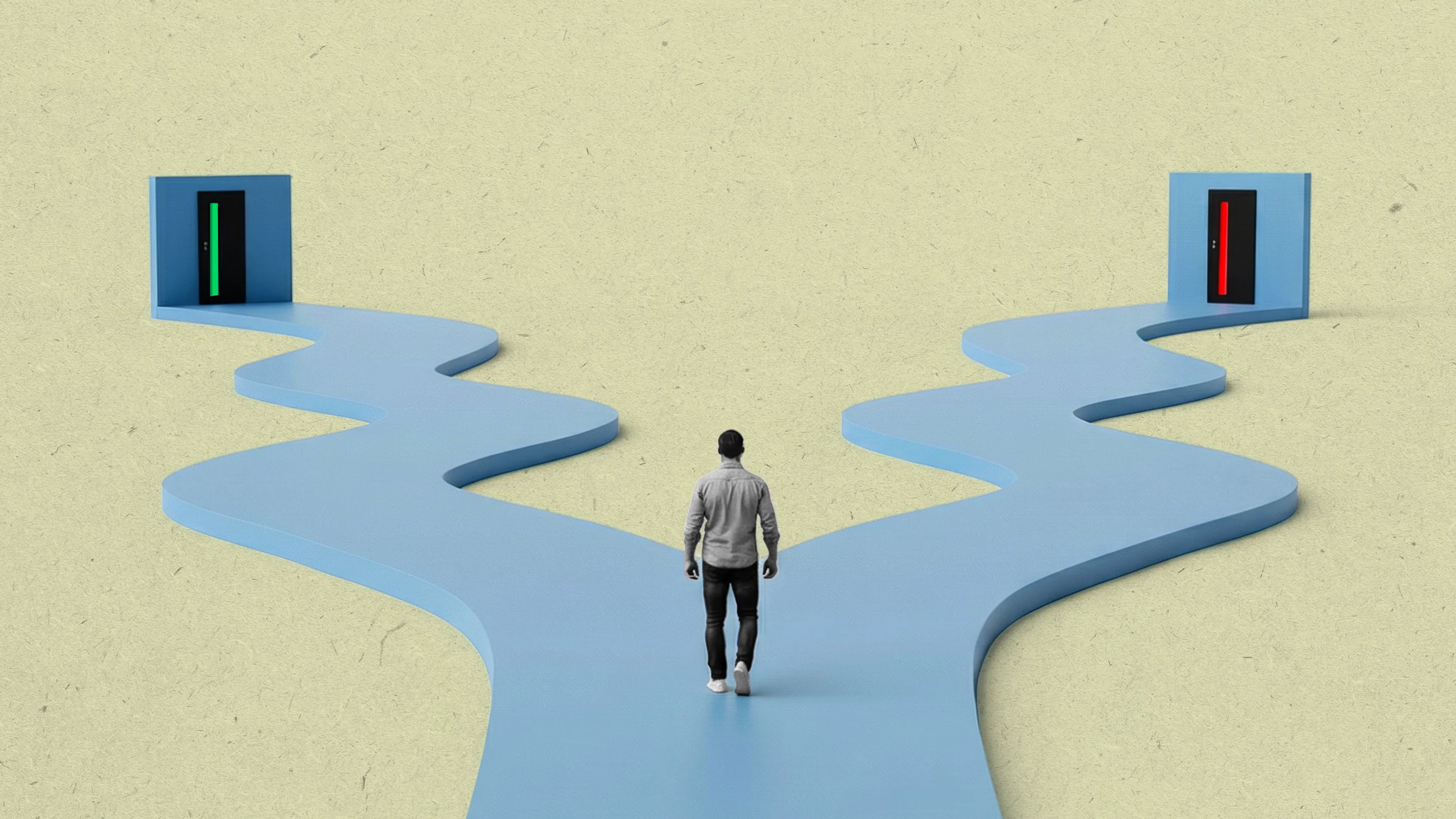 illustration of a person standing at a fork in the road